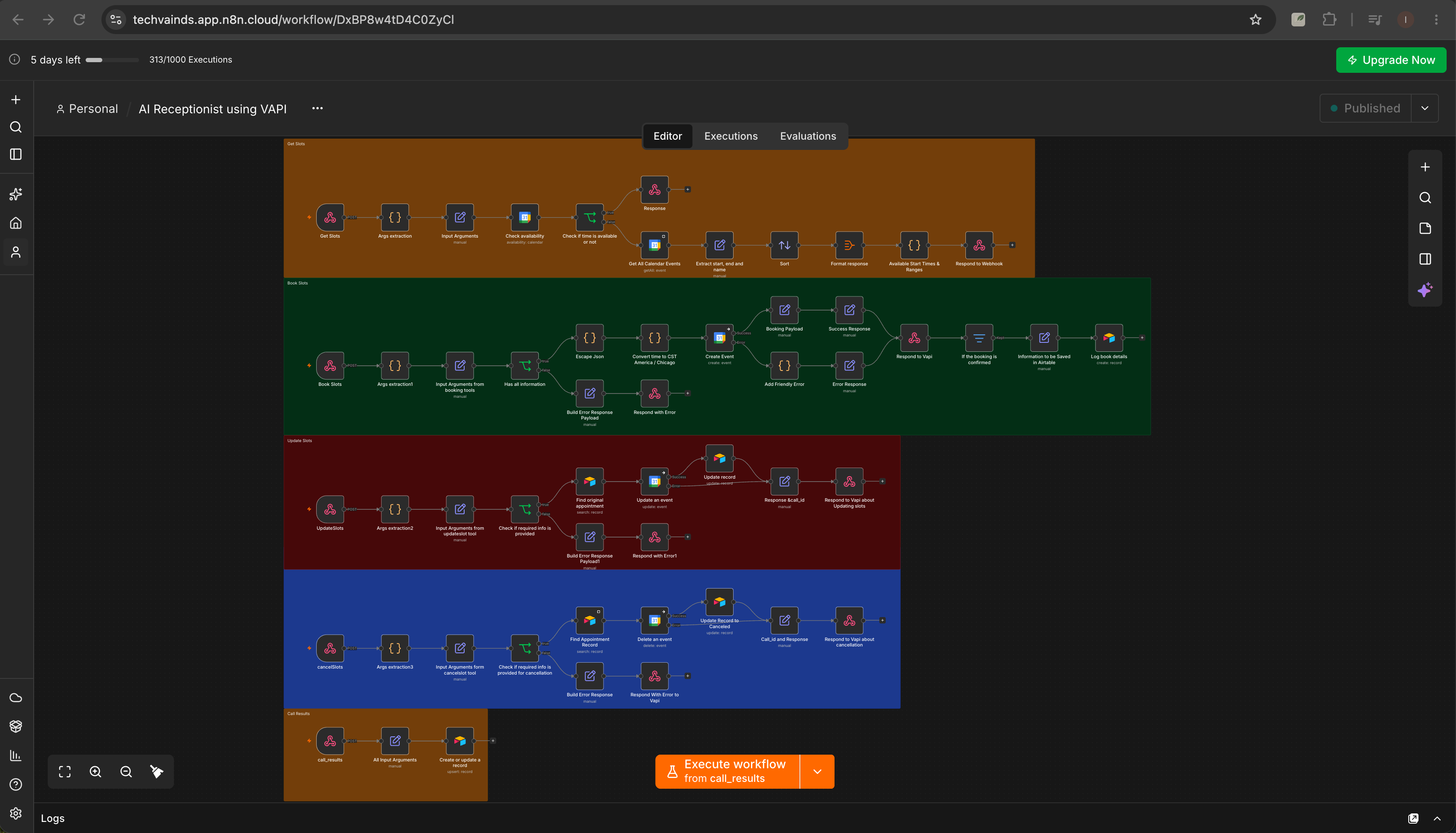 AI Receptionist n8n workflow with branches for checking available slots, booking, rescheduling, cancelling appointments, and saving call results.
